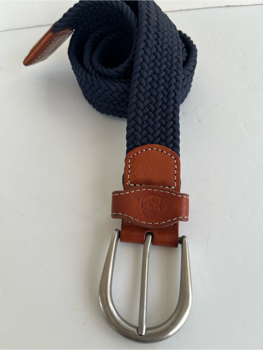 Ariat One Rail Woven Navy Belt with Brown Leather Accents Size M